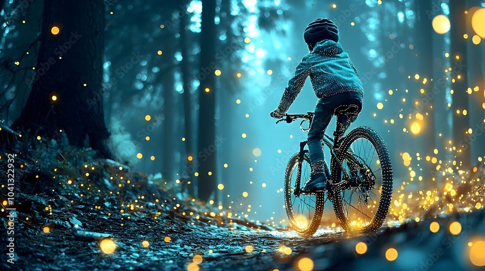 Poster mesh outline of a cyclist riding along a glowing digital pathway through an abstract forest landscap