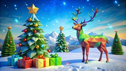 Fototapeta premium Merry Christmas Greeting Card with Colorful Christmas Tree and Polygon Art Reindeer Surrounded by Gift Boxes for Festive Season Celebrations and Holiday Cheer