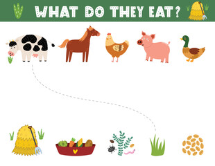 Fototapeta premium What do they eat matching game for kids with cute farm animals. Farm activity page for school and preschool. Vector illustration