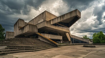 Obraz premium Dramatic Brutalist Concrete Structure Under Cloudy Sky