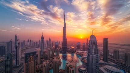 Fototapeta premium Sunset Over Dubai’s Iconic Tall Building