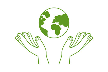 Vector illustration in flat linear minimal hand drawn simple style and logo design template - hands and planet earth - ecology concept