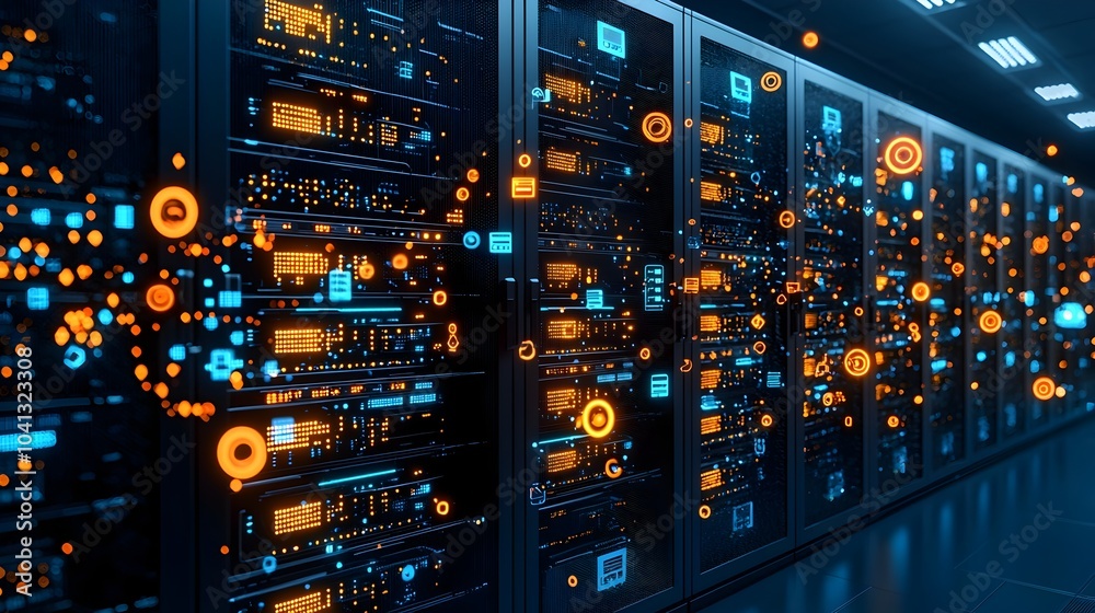Aufkleber Mesh Outline of Futuristic Digital Data Center with Glowing Server Racks and Illuminated Pathways  Conceptual Visualization of Modern IT Infrastructure Cloud Computing