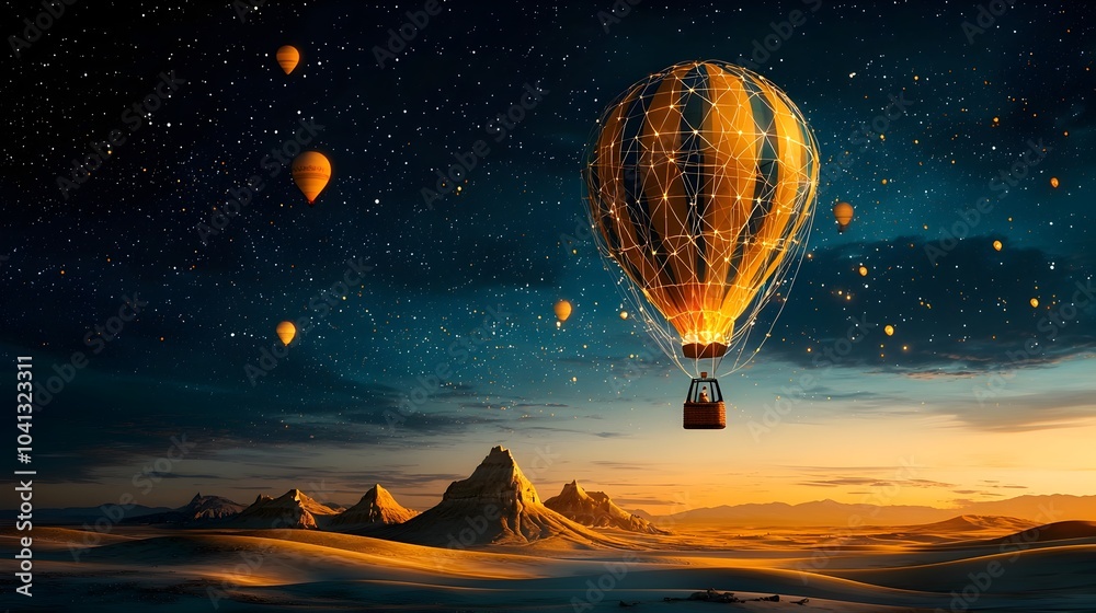 Poster mesh pattern of a hot air balloon gracefully floating above a glowing ethereal landscape at the dawn