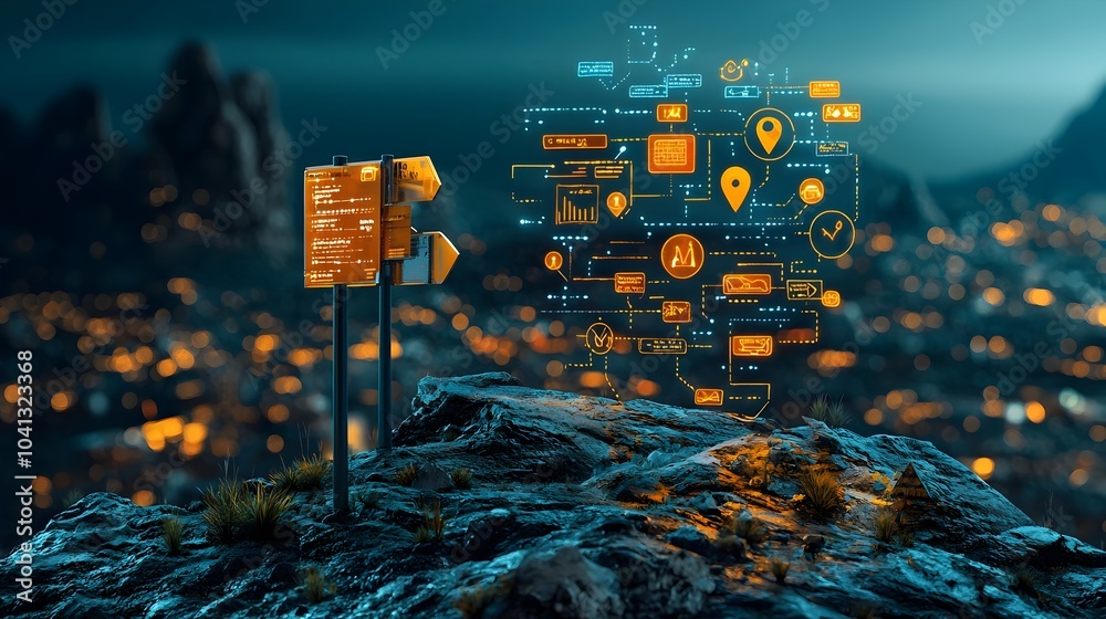 Poster Mesh pattern of a scenic viewpoint with glowing signs pointing to various destinations in a modern minimalist digital landscape  Concept of technology driven navigation wayfinding and