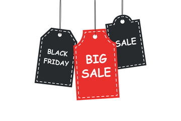 Black Friday sale elements isolated on white. Three hanging price tags. Black Friday shopping. Sale concept.