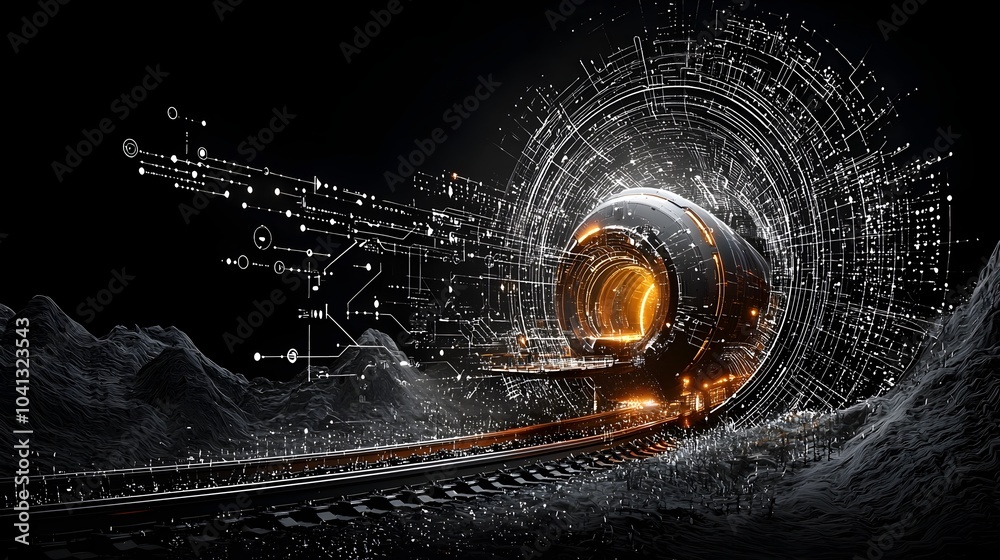 Poster Mesh outline visualization of a conceptual futuristic subway network with glowing tracks and stations showcasing an advanced transportation system of the future
