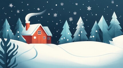 Fototapeta premium Geometric winter wonderland with snow-covered cabin amidst evergreen forest