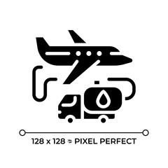 Aviation fuel black glyph icon. Process of refueling aircraft for air travel operations. Plane and fuel truck. Silhouette symbol on white space. Solid pictogram. Vector isolated illustration