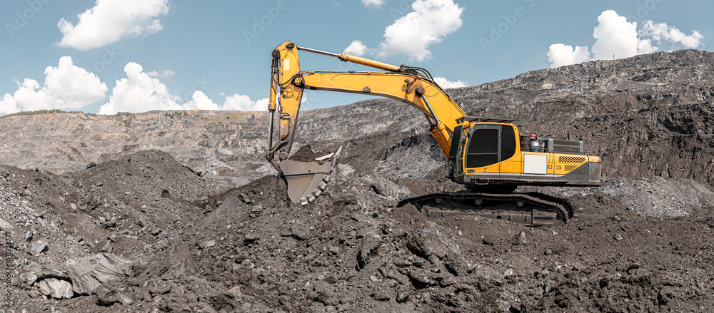 Wall mural large quarry dump excavator. big yellow mining excavator at work site. loading coal into body truck.