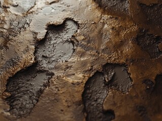 Obraz premium Mud texture marked by footprints, stratified soil, and a damp surface shimmering under subdued light.