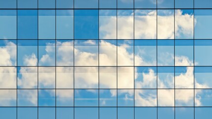 Reflection of Clouds and Sky in the Glass Façade of a Modern Office Building Creating a Stunning Visual Composition
