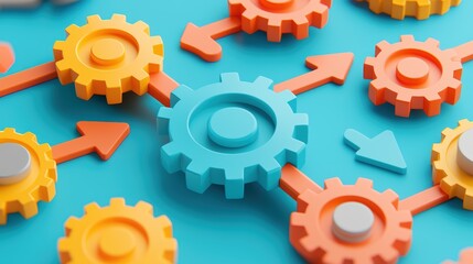 A vibrant arrangement of colorful gears and arrows, symbolizing teamwork, mechanics, and interconnectivity in a playful design.