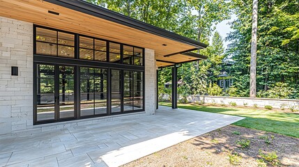 Fototapeta premium Sleek and Minimalist Modern White Front Door with Chic Black Accents and Large Glass Side Panels Inviting Entrance to a Stylish Residential Home