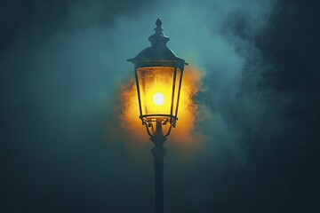 Vibrant yellow street lamp illuminating a misty night, creating an enchanting and mysterious ambiance.