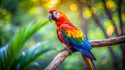 Obraz premium Minimalist Photography of a Colorful Parrot Perched on a Tree Branch in a Natural Setting, Vibrant Colors, Tropical Birds, Nature, Wildlife, Exotic, Serenity, Bright Background, Simple Composition