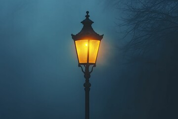 Vibrant yellow street lamp illuminating a misty night, creating an enchanting and mysterious ambiance.