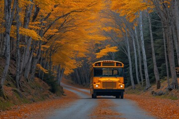 Obraz premium A yellow school bus on a dirt road lined with orange autumn leaves and trees in full fall color