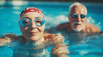 happy mature couple swimmer in the swimming pool