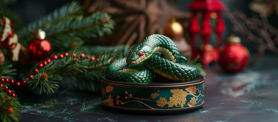 Green ceramic snake with striking red eyes and golden scales sits elegantly on a decorative box amidst christmas ornaments and evergreen branches, creating a festive and mystical holiday atmosphere.