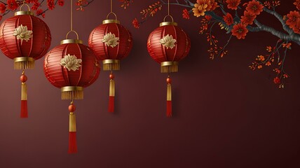 empty mockup happy Chinese New Year year of the hanging beautiful lantern and flowers on a red background. chinese new year lanterns.