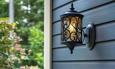 An elegant outdoor wall sconce hanging on the side of an exterior wooden house.