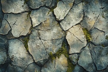 Weathered stone featuring cracks and moss, exuding a rugged natural appearance, adorned with warm earthy hues.