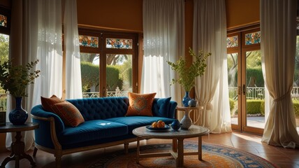 Obraz premium A luxurious living room with a blue velvet sofa, a coffee table with fruit, and a rug, with large windows and white curtains.