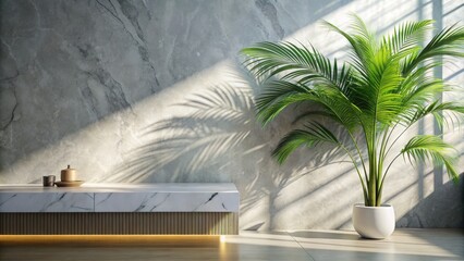 Modern Minimal White Marble Countertop with Palm Tree in Sunlight for Luxury Organic Cosmetic Display, Beauty Treatment, Skin Care, and Spa Products