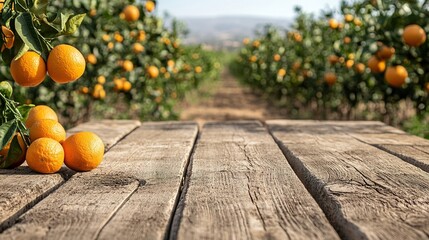 Fresh Oranges on Wooden Table in Orchard Setting