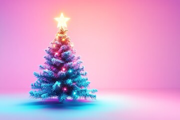 Illuminated Christmas tree on pink and blue gradient