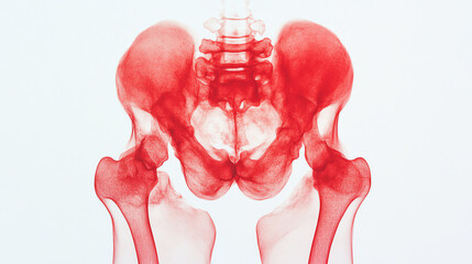 A detailed X-ray image of human hip bones displayed in a vibrant red hue on a white isolated background.