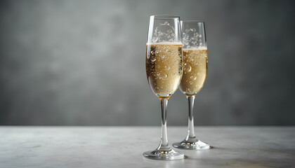 Pair of sparkling champagne glasses on elegant gray background

