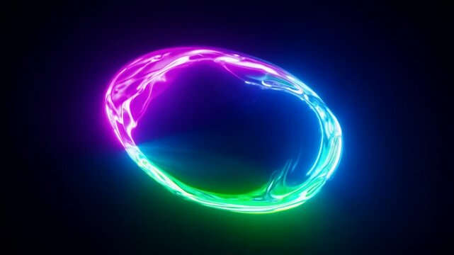 Abstract morphing circle oil blob wallpaper. Illuminated shape. Black background and colourful glowing. Towards Camera. 4K Video