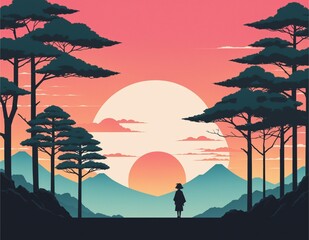 A romantic silhouette of a couple on a tropical beach during sunset, surrounded by palm trees and a vibrant orange sky reflecting on the sea