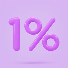 Purple icon, 3d render one percent sign, 1 %. Realistic design element. Vector illustration isolated on violet background for postcard, icons, poster, banner, web, design, arts. Black Friday Sale