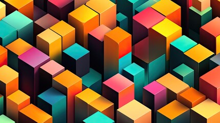 Isometric cubes in vibrant colors stacked in a geometric pattern, creating a dynamic 3D effect