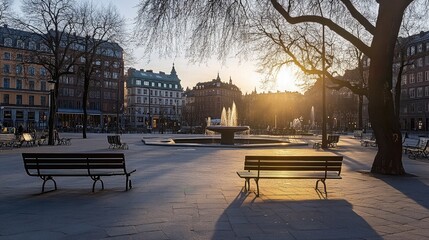 Naklejka premium Serene Sunset Over City Park with Fountain and Benches