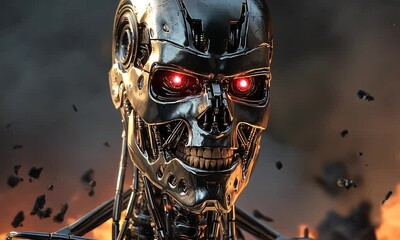 Close-up of a Metallic Terminator Robot with Red Eyes and a Grim Expression - Powered by Adobe