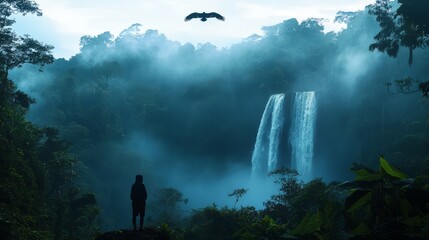 Serene Waterfall in Misty Forest