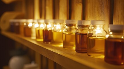 Amber-colored essential oils neatly arranged on a spa shelf