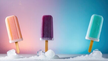Three vibrant popsicles against gradient background on ice