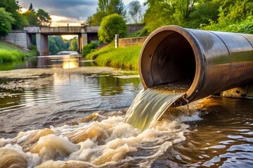 A large pipe discharges dark liquid into a river, indicating potential pollution or waste discharge.