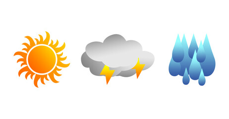 Vector set of weather, sun, clouds, water. Sunny, Cloudy, Rainy.
