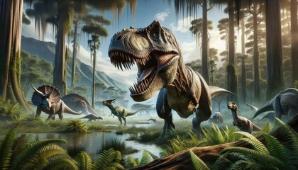 Obraz premium Realistic Digital Artwork of a Prehistoric Scene with Roaring Tyrannosaurus Rex, Grazing Herbivorous Dinosaurs, Lush Swampy Landscape, Flying Pterosaurs, and Distant Mountain Range