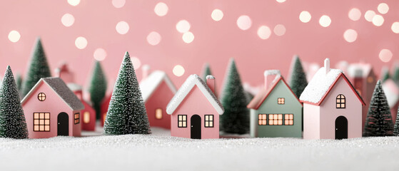 Obraz premium A charming display of miniature houses and trees in a snowy setting, with soft pink bokeh lights creating a whimsical holiday atmosphere.