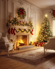 the interior of a decorated house at Christmas in the new year fireplace winter snow cozy evening