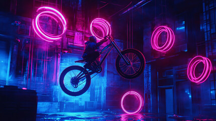 Fototapeta premium A Bike Performing a Wheelie, Suspended in Mid-Air, with the Wheels Morphing Into Spinning Neon Circles 