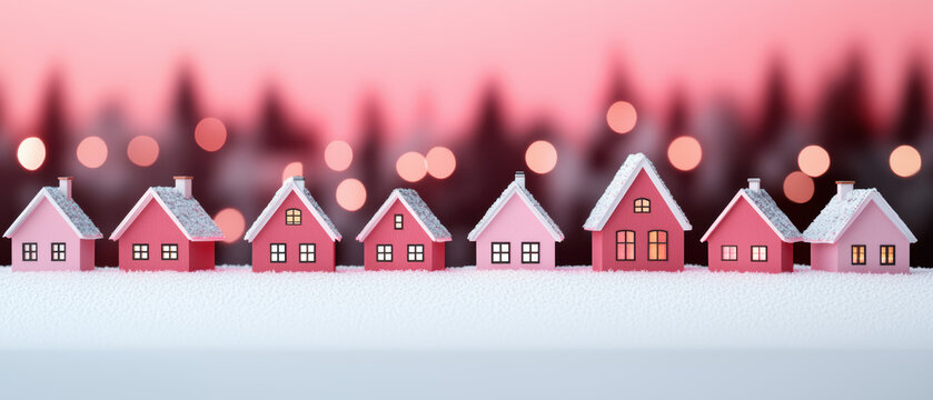 A picturesque row of colorful miniature houses set against a soft pink background, evoking a cozy winter vibe with a hint of whimsical charm.