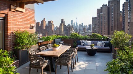 A rooftop oasis with dining furniture and lush greenery, offering an inviting space for gatherings and peaceful moments